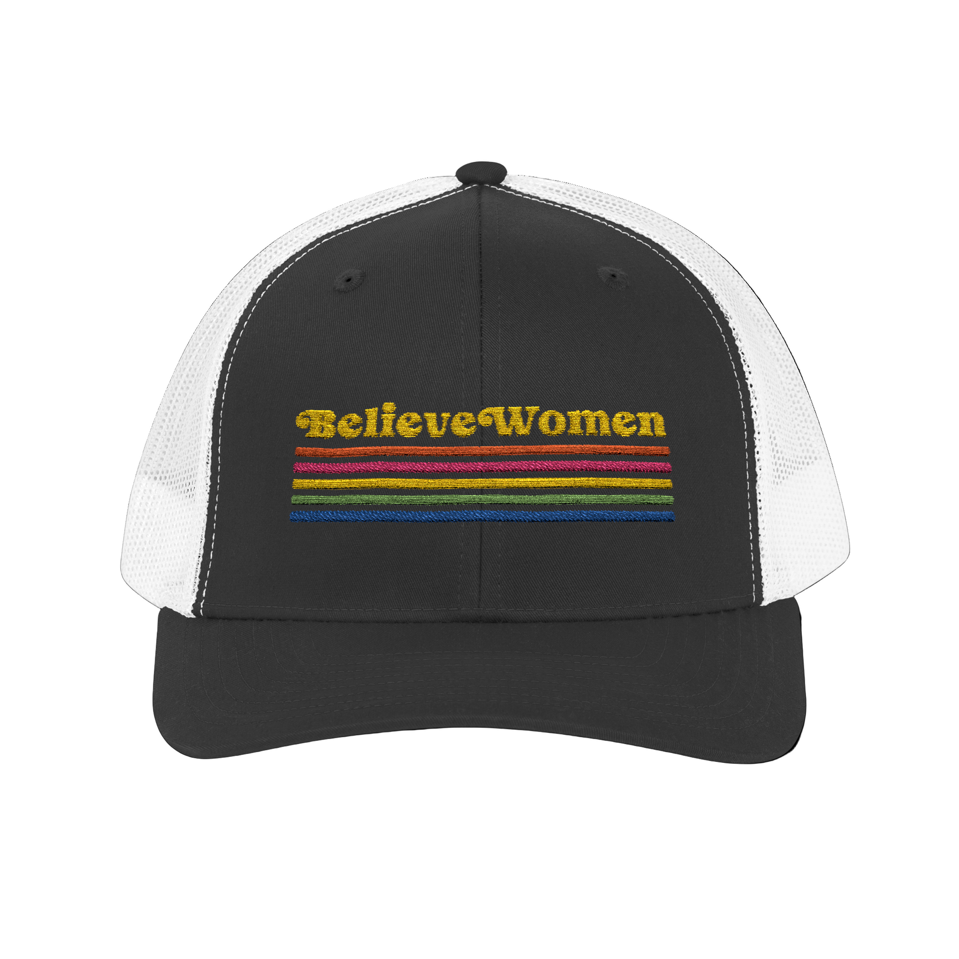 Black and white cap with 'Believe Women' text and rainbow stripes on a white background